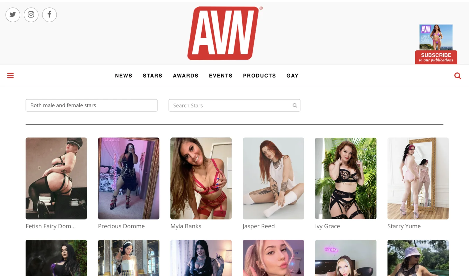 Скриншот главной страницы AVN Stars